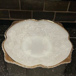 Vintage Anchor Hocking Milk Glass Serving Dish w/ Grapevine Design and Gold Trim